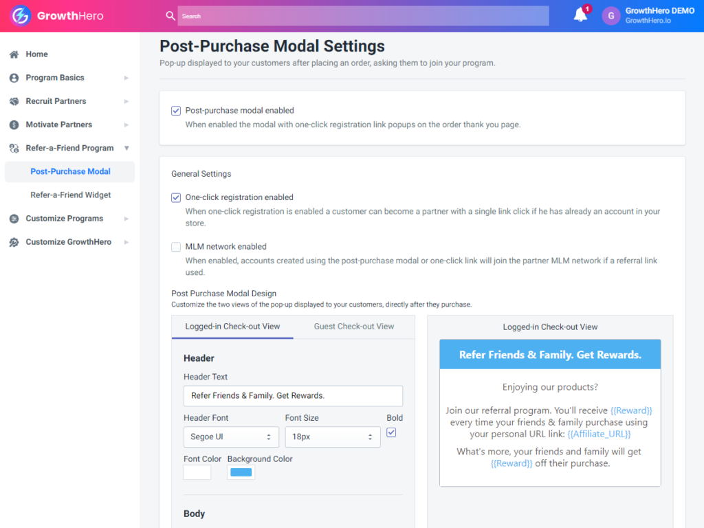 Post-Purchase Modal settings